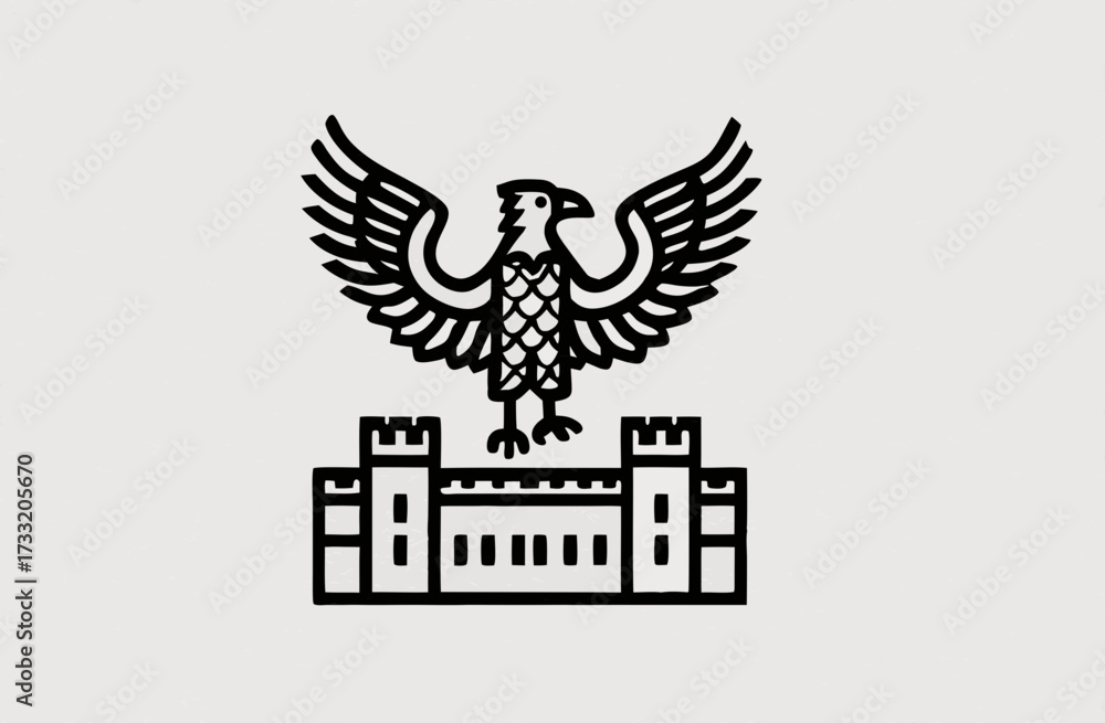 Obraz premium Minimalist line art illustration of a heraldic eagle with spread wings perched atop a fortress or castle building icon, elegant graphic emblem.