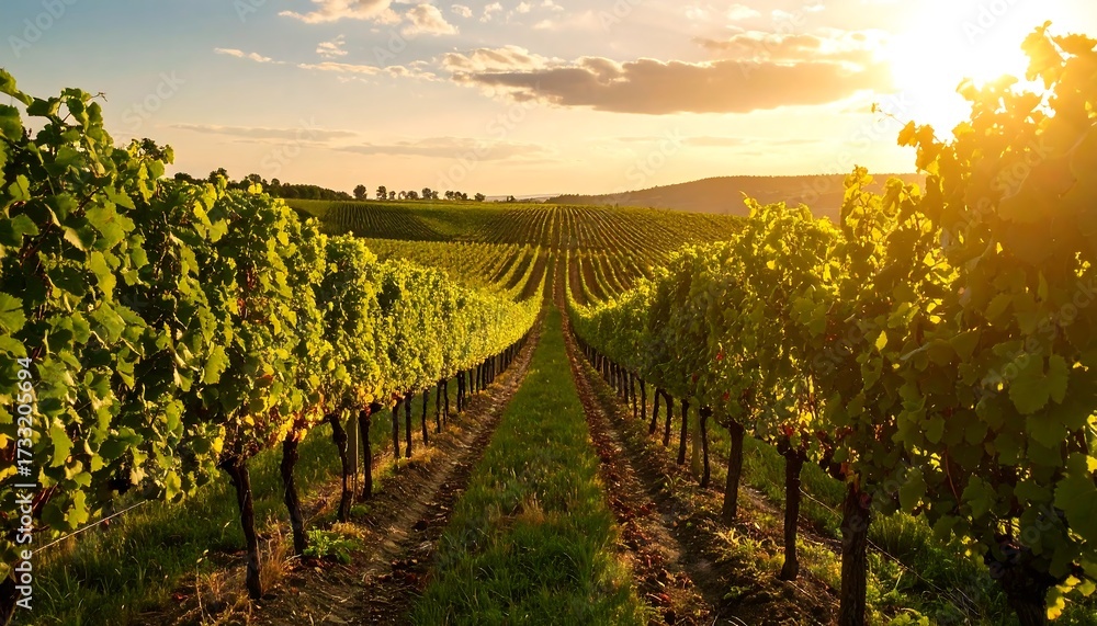 Fototapeta premium Serene, golden hour view of neatly rowed grape vines in a vineyard