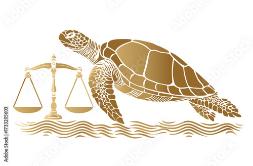Golden sea turtle and vintage balance scales icon design, symbolizing marine environmental protection, ocean law, and ecological justice concept.