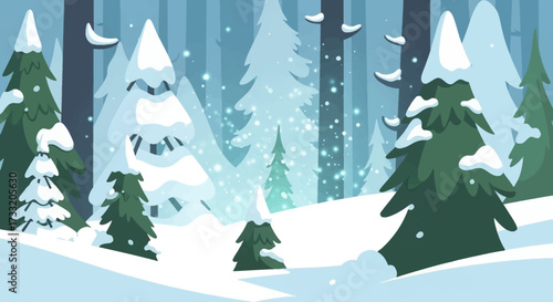 Snow-covered evergreen trees in a winter forest landscape.