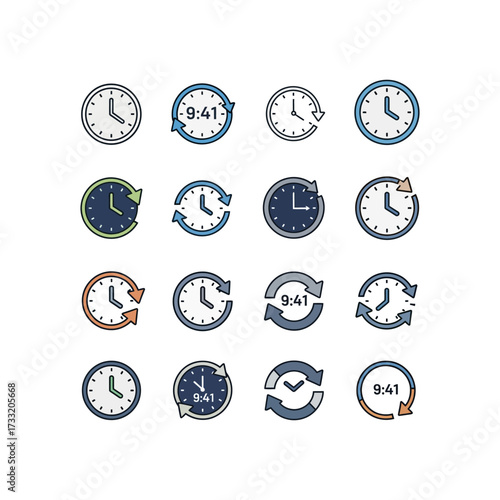 Four stylized clock icons showing reload, reset, and circular time flow, with different symbols.