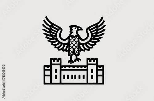 Minimalist line art illustration of a heraldic eagle with spread wings perched atop a fortress or castle building icon, elegant graphic emblem.