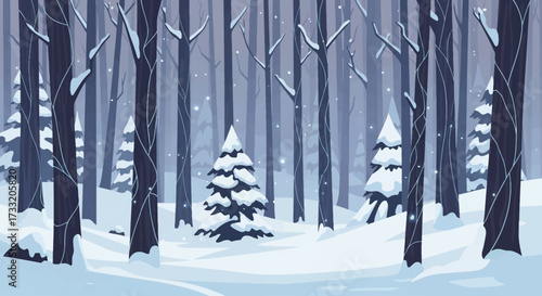 Snow-covered evergreen trees in a winter forest.