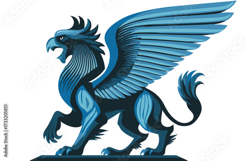 Majestic blue griffin illustration, a powerful mythical fantasy creature with eagle head and lion body, detailed vector art.