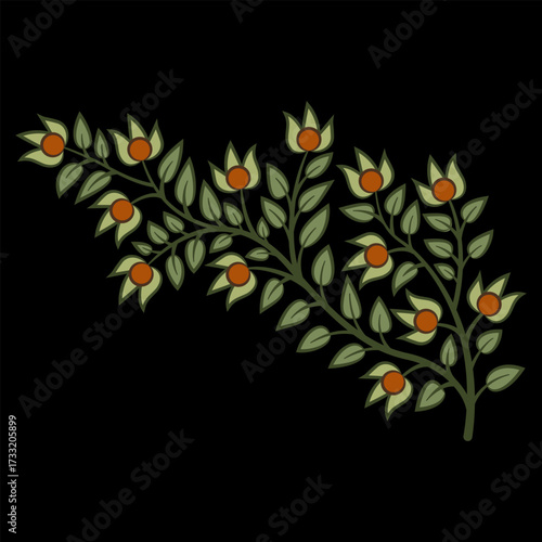 Stylized branch with leaves and fantastic fruits or berries. Medieval floral design. On black background.