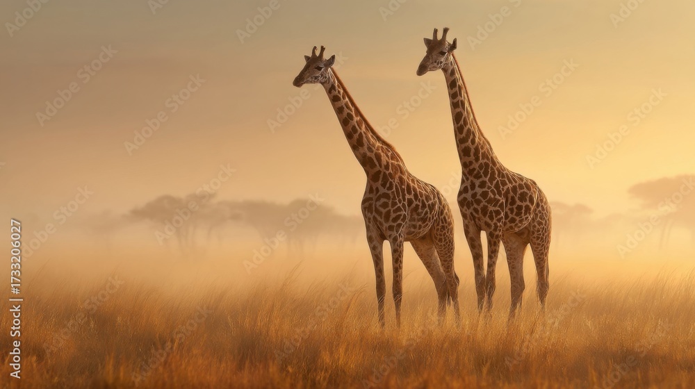 Obraz premium Two giraffes stand gracefully on the savanna at dusk or dawn,