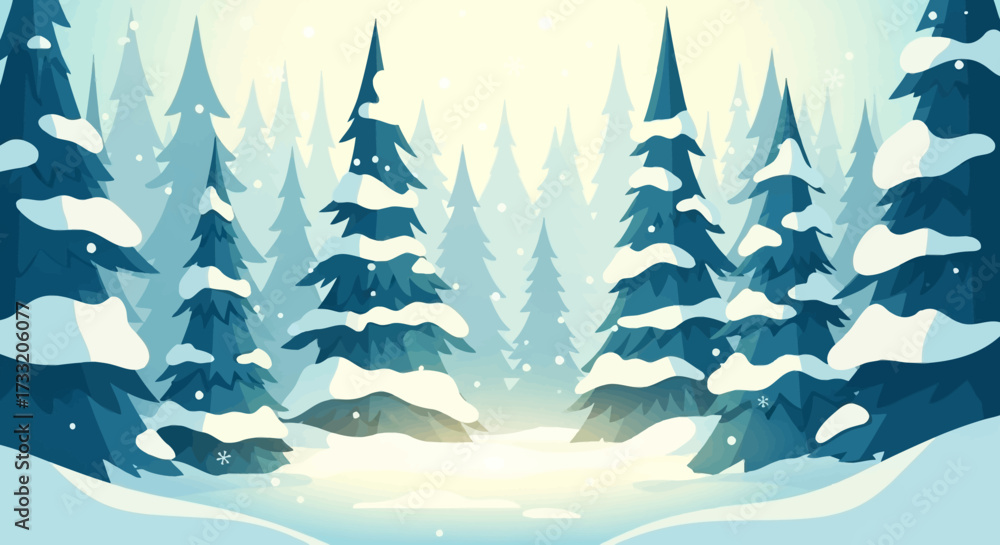 Obraz premium Snow-covered pine trees in a serene winter forest landscape.