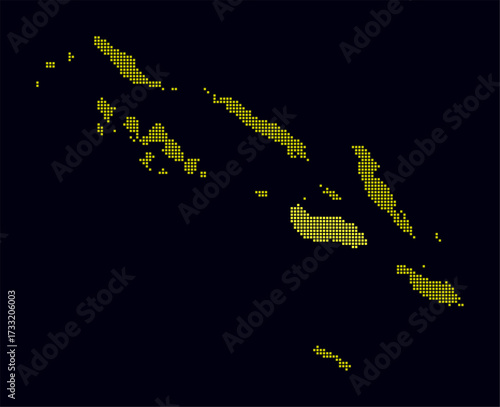 Solomon Islands dotted map. Digital style map of the country on dark background. Solomon Islands shape with square dots. Colored dots style. Small size squares. Beautiful vector illustration.