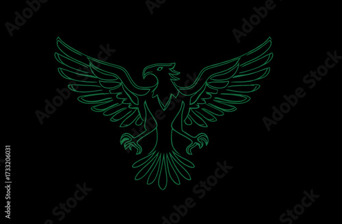 Stylized glowing green eagle line art graphic on black background. Majestic bird symbol of strength, freedom, and power.