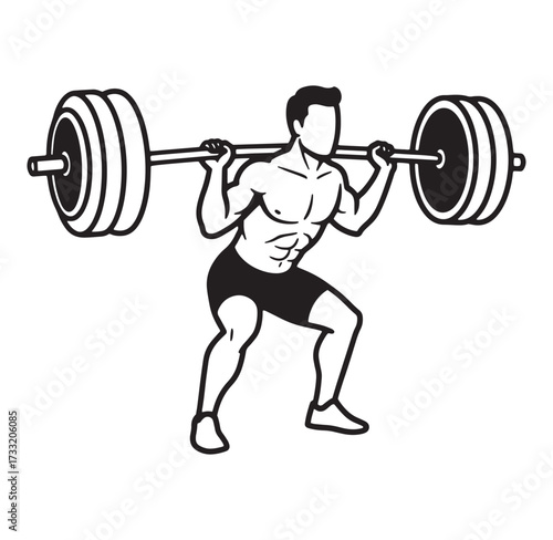 Black and white illustration of a muscular man performing a barbell squat exercise in the gym