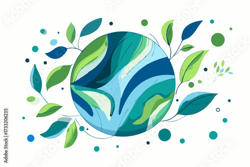 Stylized Earth globe with vibrant green leaves and blue elements, symbolizing environmental protection, nature, sustainability, and eco-friendly concept illustration.