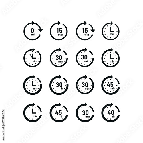 Four stylized clock icons showing reload, reset, and circular time flow, with different symbols.