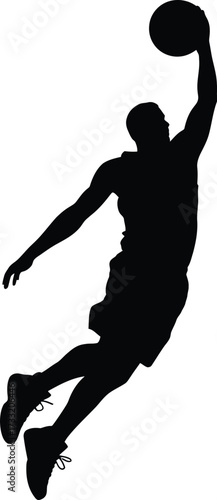 Black silhouette of basketball player dunking action