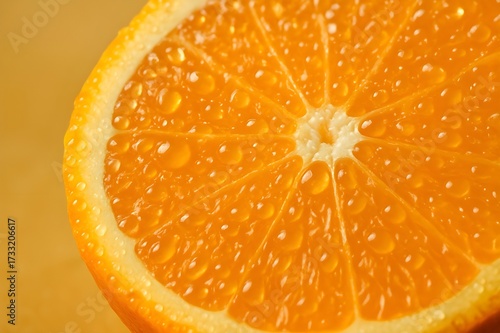 Juicy orange slice with water droplets in macro view
