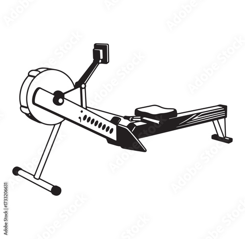 Black and white line art illustration of a rowing machine for fitness and exercise