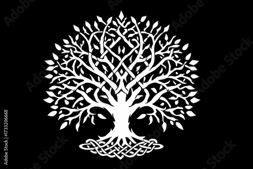 Tree of Life symbol with intricate roots and branches, ancient spiritual icon representing growth, connection, and nature on black background.