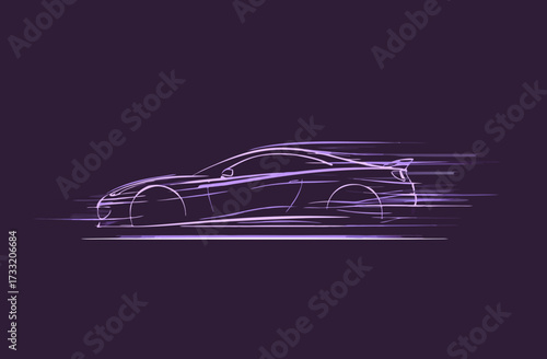 Dynamic glowing purple sports car in fast motion, abstract vector illustration with light trails and speed lines on a dark background.