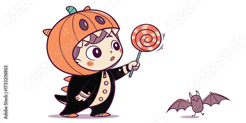 Adorable toddler in monster onesie with fuzzy claws and pumpkin head helmet, holding a lollipop and small plush bat toy