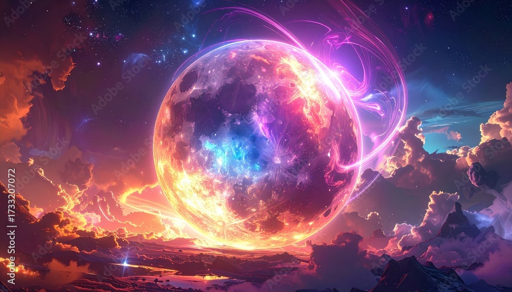 Obraz premium A vibrant, otherworldly celestial sphere glows against a backdrop of swirling, colorful clouds and distant mountains, bathed in radiant hues of pink, orange, and blue.