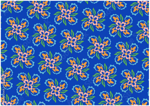 Vibrant Floral Pattern with Stylized Blossoms on Blue Background