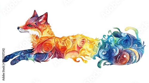 Watercolor illustration of a colorful fox in a whimsical artistic style