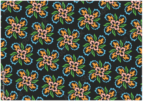 Abstract floral pattern with a dark background featuring repeating stylized blooms in vibrant shades of orange, pink, and blue