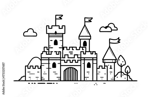 Outline vector illustration of a medieval castle with towers, battlements, and flags. Ancient fantasy fortress drawing in linear style.