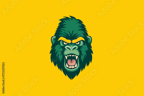 Fierce green gorilla head illustration on yellow background. Aggressive ape mascot, strong primate character, cartoon vector logo icon.