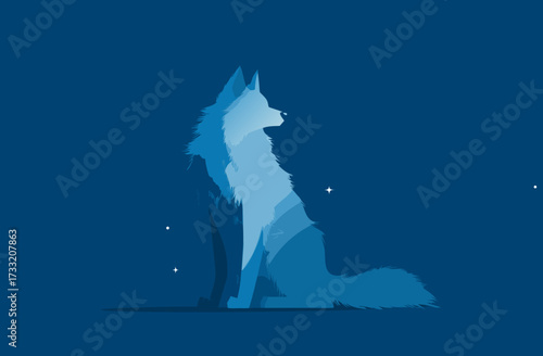 Ethereal layered blue wolf illustration, minimalist sitting canine looking up, serene abstract art on a dark blue background.