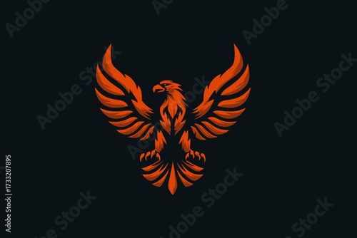 Stylized orange eagle with majestic wings spread, powerful raptor illustration, symbol of strength, freedom, and leadership on a dark background.