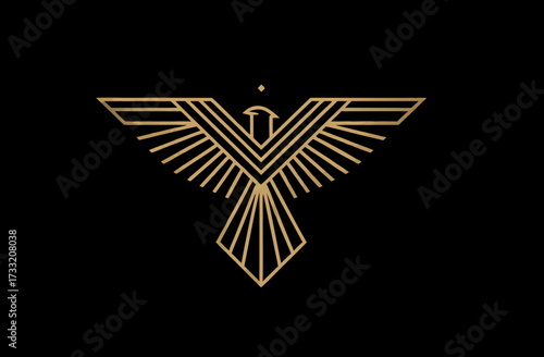 Elegant golden geometric bird emblem, stylized line art design, abstract majestic eagle or phoenix vector illustration in Art Deco style on black.