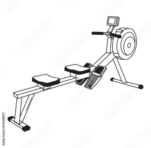 Black and white vector illustration of modern rowing machine for home exercise