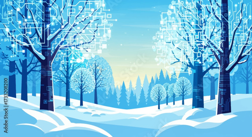 Snow-covered trees in a serene winter landscape.