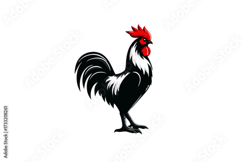 Dynamic vector illustration of a powerful black rooster with striking red comb and wattle, isolated on a clean white background.