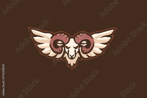 Stylized ram head emblem with wings, vintage animal mascot design in brown and cream, fantasy creature illustration, strength symbol