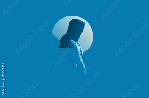 Minimalist graphic illustration of an anonymous person in a blue hoodie, side profile, on a vibrant blue background with a light circle, mystery concept