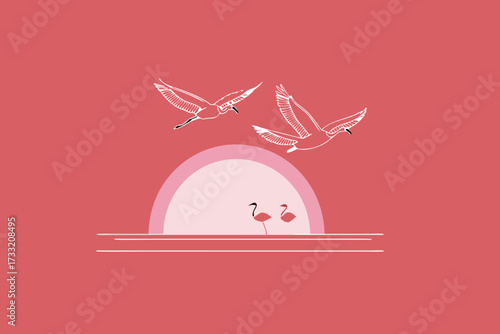 Minimalist Tropical Sunset Illustration with Flying Birds and Flamingos by the Water, Flat Vector Design