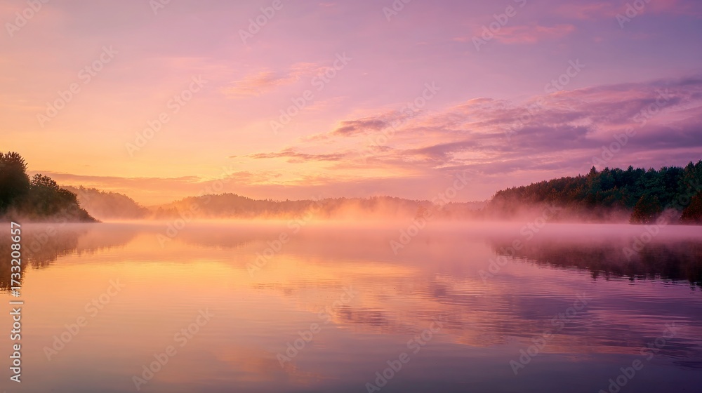 Fototapeta premium Sunrise over misty lake