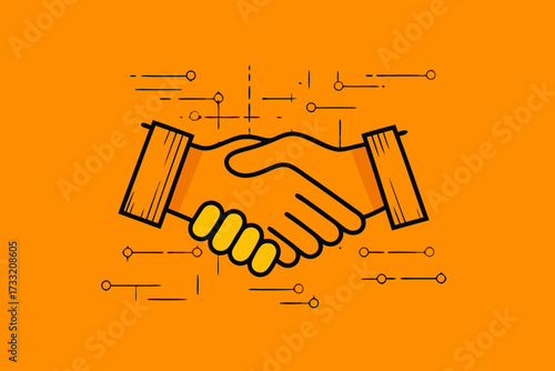 Professional business handshake illustration on orange background, symbolizing agreement, partnership, cooperation, deal, and success.