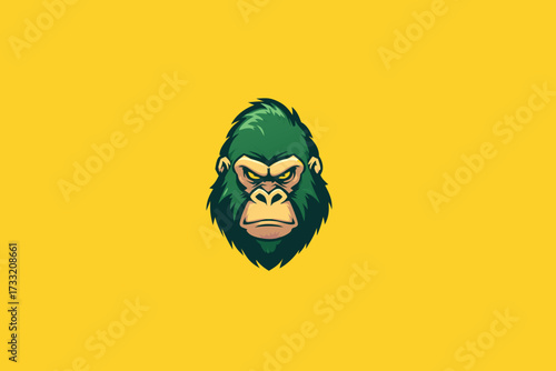Vibrant green gorilla head illustration with intense expression on yellow background. Powerful animal character, digital art, strong mascot design.