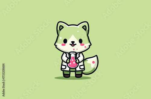 Adorable Kawaii Green Cartoon Animal Character in Lab Coat Holding Erlenmeyer Flask with Pink Liquid for Science Experiment