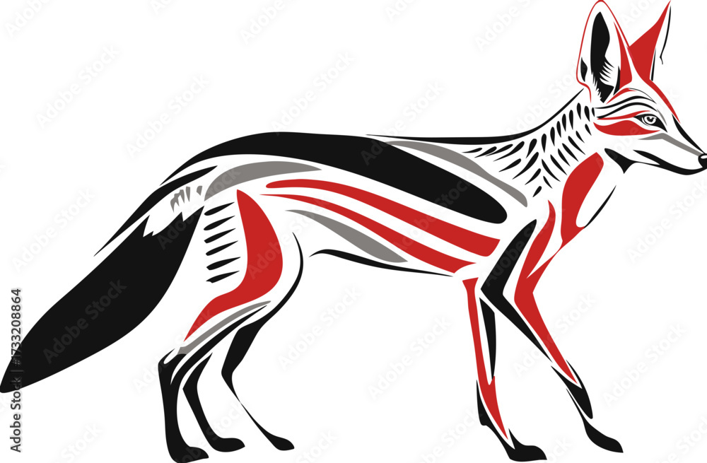 Obraz premium Stylized Fox Illustration with Traditional Folk Art Patterns. Abstract Animal Design in Red, Black, and Grey. Wild Canine Graphic.