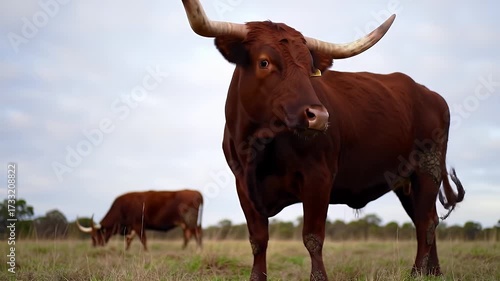 Majestic Red Longhorn Steer with Curved Horns in Grassy Field Under Overcast Sky
