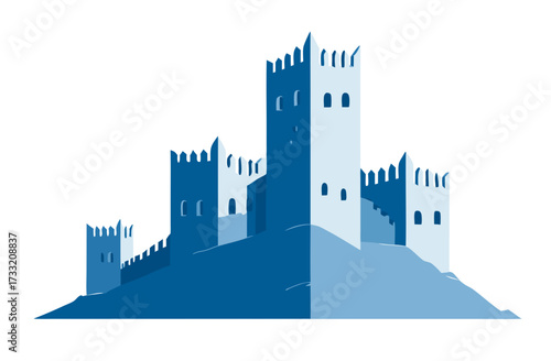 Stylized blue castle fortress icon on a hill. Vector illustration of a medieval defensive building or security concept.