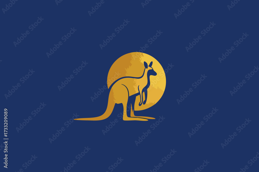 Obraz premium Golden kangaroo silhouette with sun graphic on blue background. Stylized illustration of Australian wildlife, minimalist design.