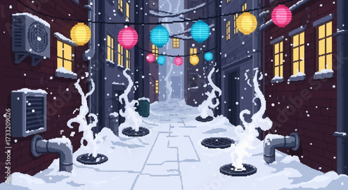 Snowy Alleyway with Glowing Lanterns and Steam Vents.