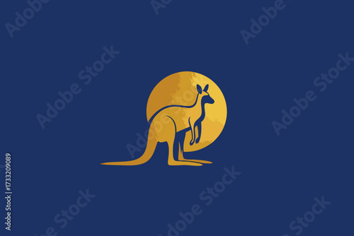 Golden kangaroo silhouette with sun graphic on blue background. Stylized illustration of Australian wildlife, minimalist design.