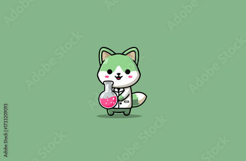 Cute green cartoon animal scientist wearing a lab coat and holding a laboratory flask with pink liquid, symbolizing science and research.