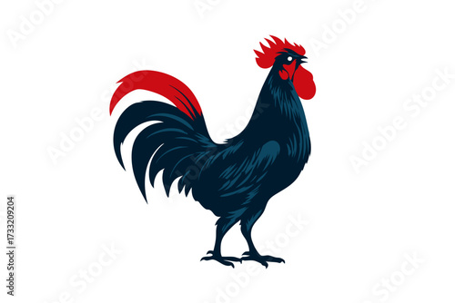 Vibrant stylized black rooster with bright red comb and tail feathers on a clean white background, a proud farm animal illustration.