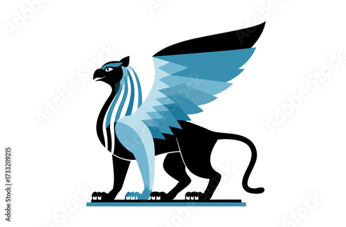 Majestic griffin mythical creature illustration, powerful fantasy beast with eagle wings and lion body in stylized vector graphic art.